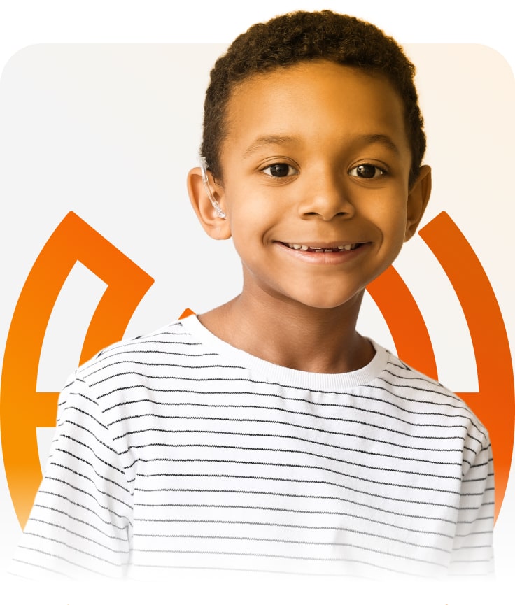 Child using hearing aids with Ascend logo in the background